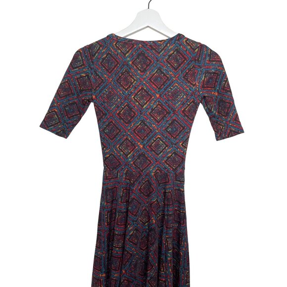 LuLaRoe XXS Fit & Flare Dress Blue Red Geometric Fall Print Work Casual - Picture 11 of 12